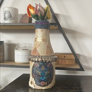 Decorative Decoupaged Vintage Milk Bottle Cat Vase with Vintage Floral Accents